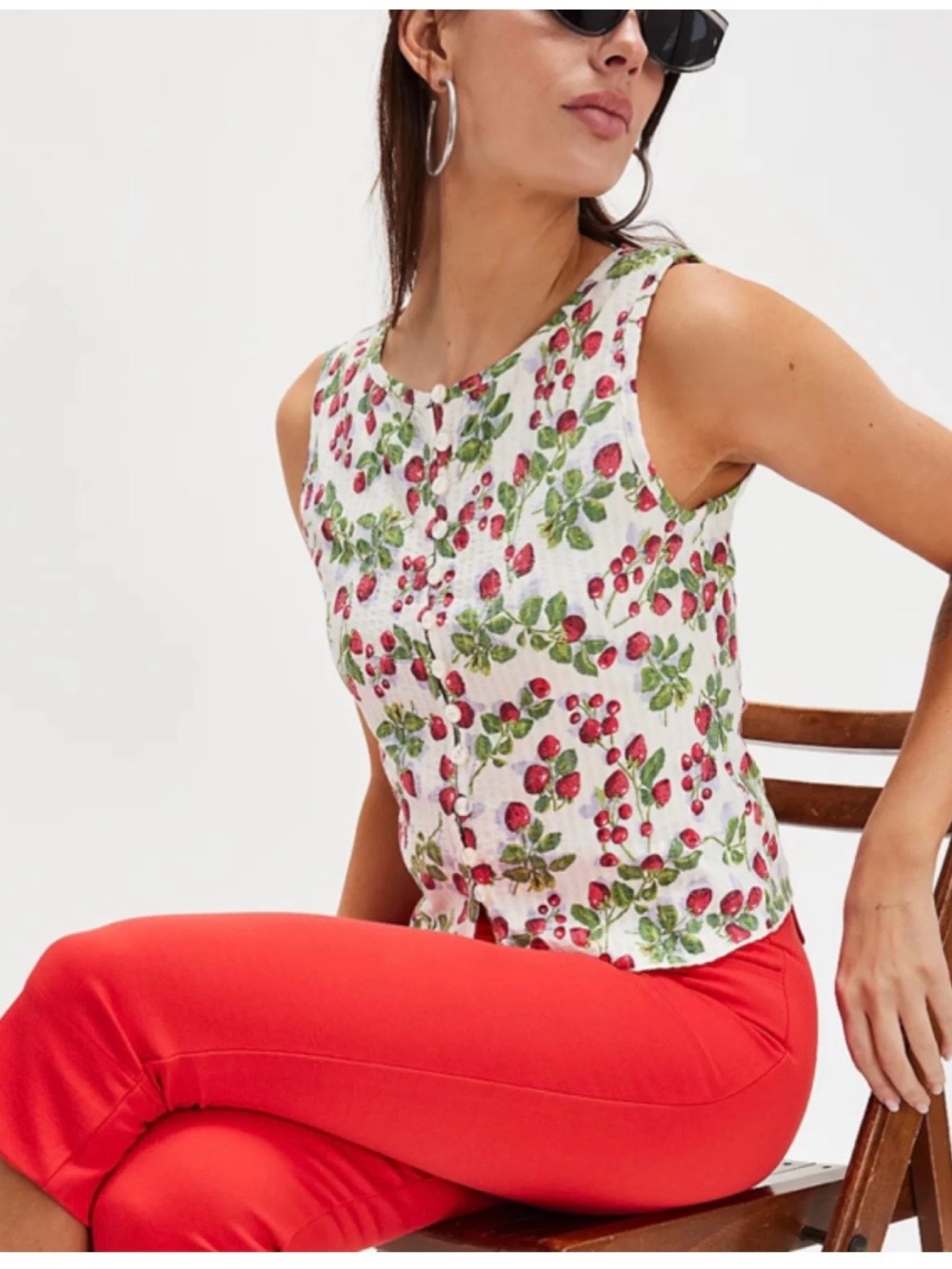 Free People Tilly Vest Top Strawberry Cherry Print Button Front NWT Size Small